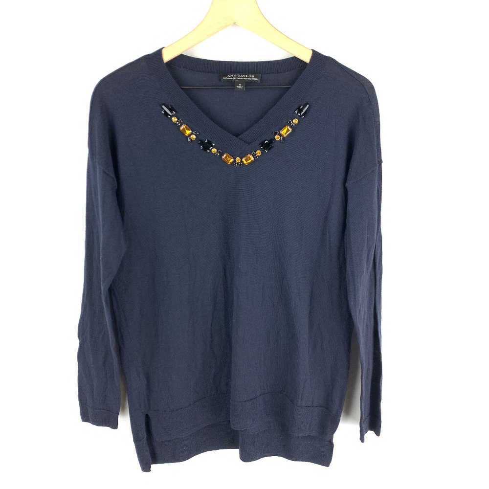 Ann Taylor Navy Blue Jeweled Long Sleeve Tee Sz M